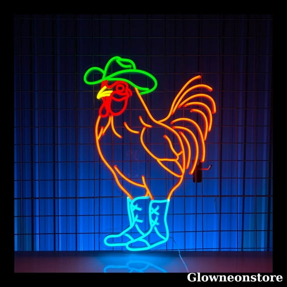 Glowneon Cowboy Chicken Neon Sign, Chicken With Cowboy Hat Led Sign, Ranch Farm Signboard