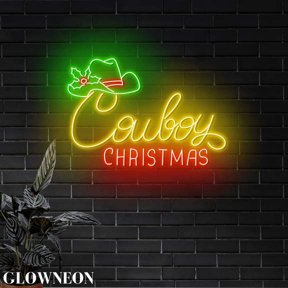 Glowneon Cowboy Christmas Neon Wall Decor, Christmas Cowboy Bar Sign
