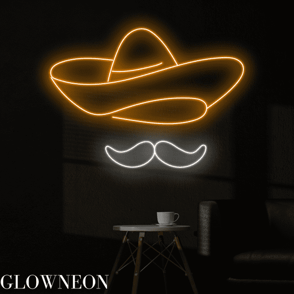 Glowneon Cowboy Hat Mustache Neon Sign, Cowboy Hat Mustache Led Sign