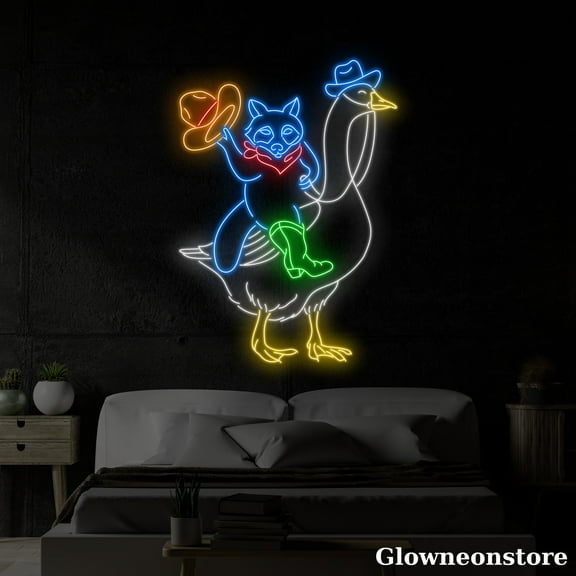 Glowneon Cowboy Raccoon Riding Goose Neon Sign, Cowboy Led Sign, Raccoon Lover Gift, Raccoon Décor