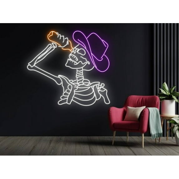 Glowneon Cowboy Skull Drink Water Calaveras Neon Sign, Halloween Decor