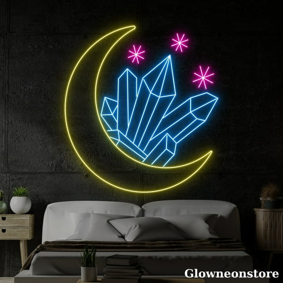Glowneon Crescent Diamond Neon Sign, Diamond Moon Led Sign, Crescent Moon Neon Light, Diamond LED
