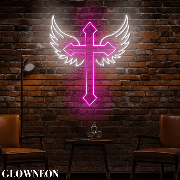 Glowneon Cross With Wing Neon Sign, Jesus Cross Christian Home Decor