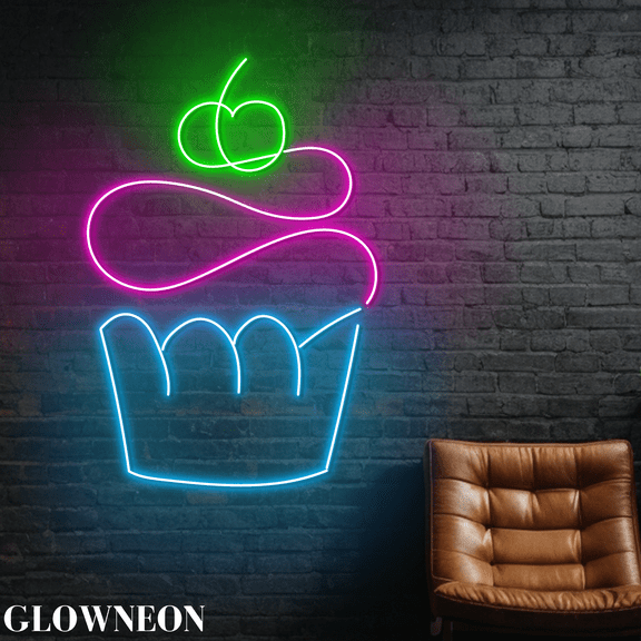Glowneon Cupcake Cherry Neon Line Art, Cupcake Bakery Wall Artwork