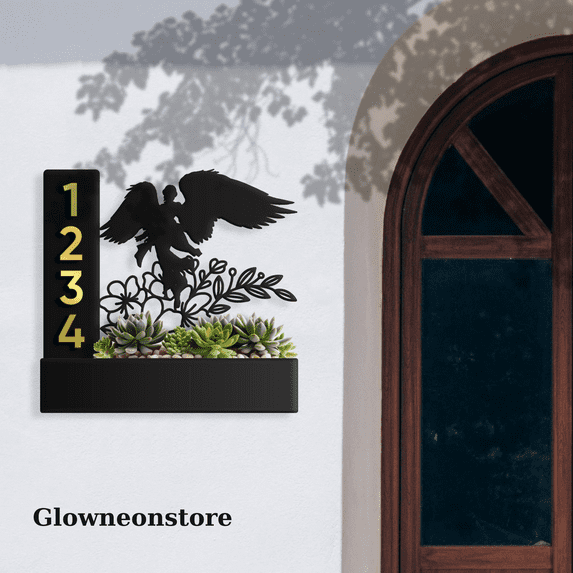 Glowneon Custom Angel Succulents Planter House Number Address Sign