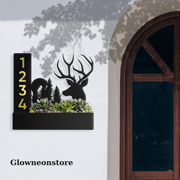 Glowneon Custom Deer Succulents Planter House Number Address Sign