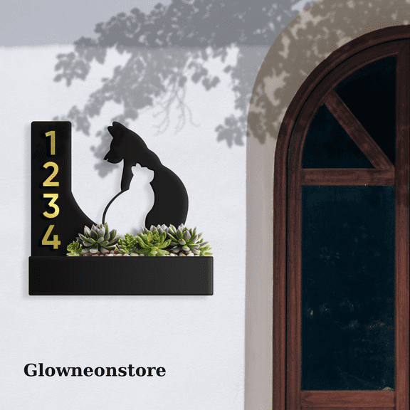 Glowneon Custom Dog And Cat Succulent Plant House Number Address Sign