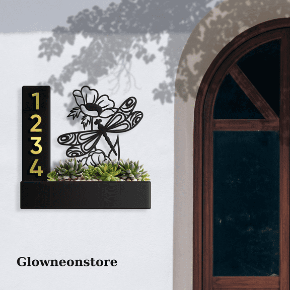 Glowneon Custom Dragonfly Succulent Planter House Number Address Sign