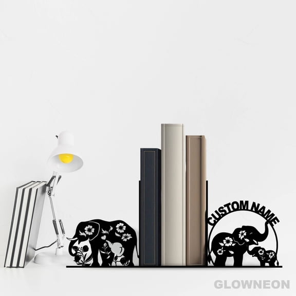 Glowneon Custom Floral Elephant Mom Daughter Metal Table Bookend Sign