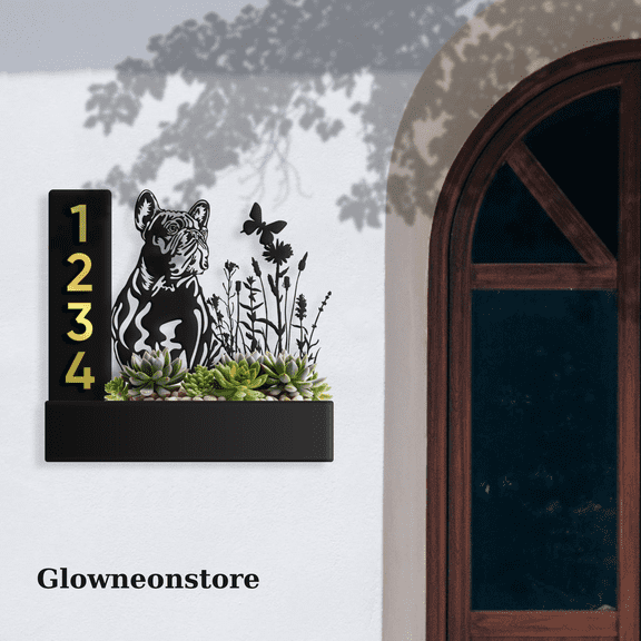 Glowneon Custom French Bulldog Planter House Number Address Sign