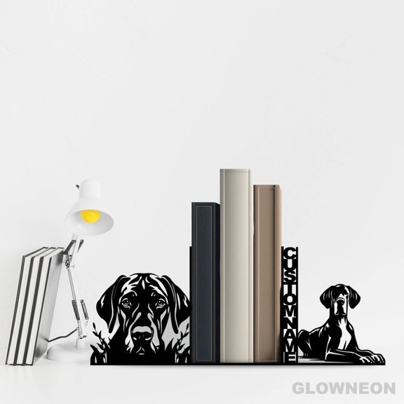 Glowneon Custom Great Dane Dog Book Holder, Metal Bookends Book Nook
