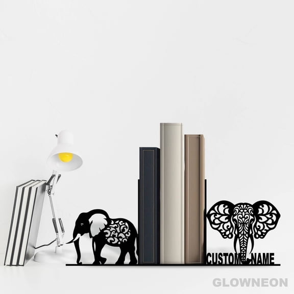 Glowneon Custom Mandala Elephant Bookend Metal Art, Book Stand Decor