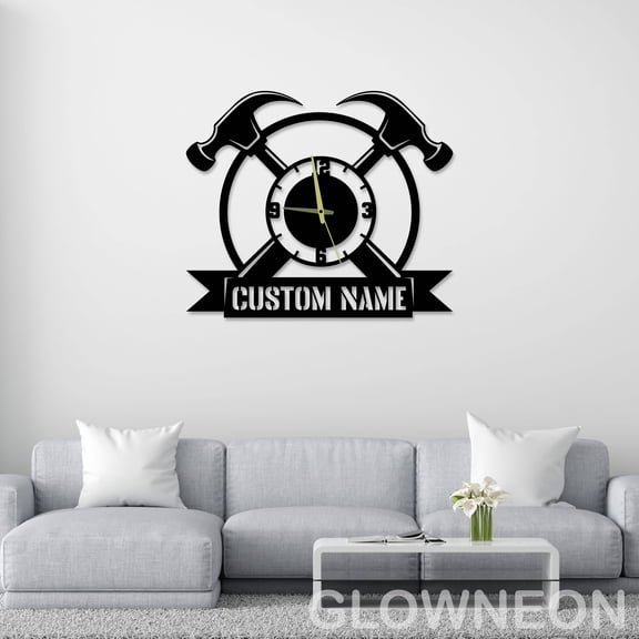 Glowneon Custom Metal Hammer Wall Clock, Modern Carpenter Wall Clock