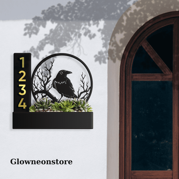 Glowneon Custom Raven Succulents Planter House Number Address Sign