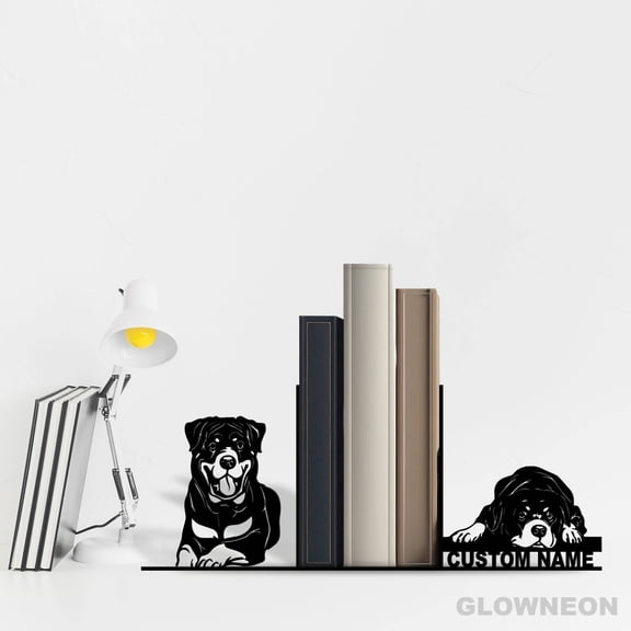 Glowneon Custom Rottweiler Dog Metal Bookends, Women Book Nook Decor