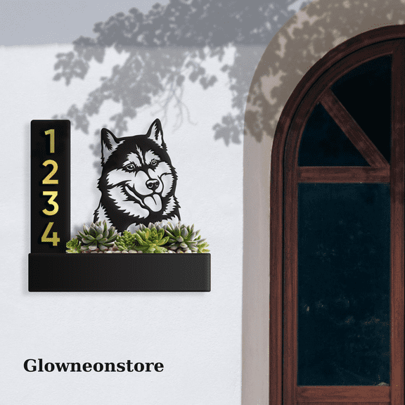 Glowneon Custom Siberian Husky Dog Planter House Number Address Sign