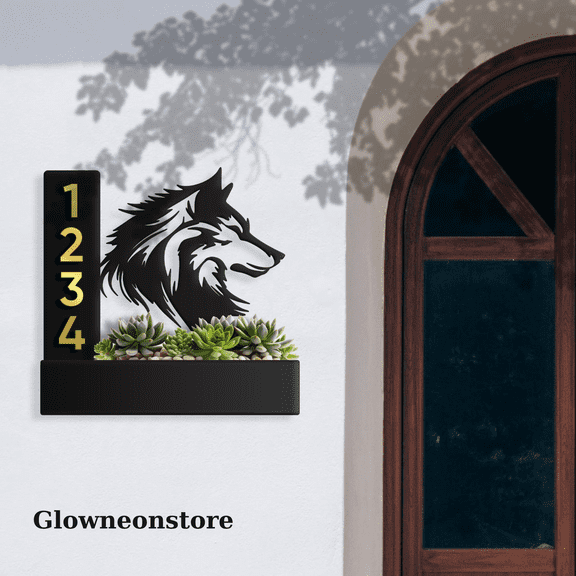 Glowneon Custom Wolf Succulents Planter House Number Address Sign