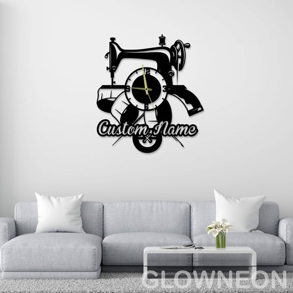 Glowneon Customized Tailor Shop Wall Clock, Sewing Machine Clock Gift