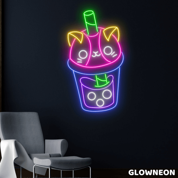 Glowneon Cute Cat Bubble Milk Tea Neon Sign, Boba Tea Store Led Decor