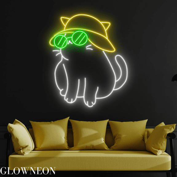 Glowneon Cute Cat With Hat Neon Sign, Cool Cat Led Sign, Gift For Kid