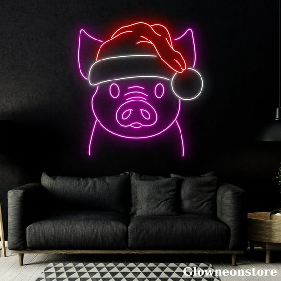 Glowneon Cute Pig Christmas Neon Sign, Pig With Santa Hat LED Sign, Pig Lover Gift