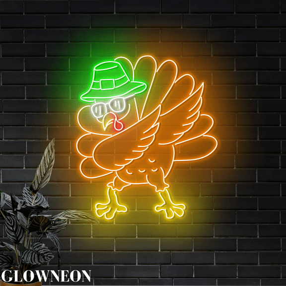 Glowneon Dabbing Turkey Thanksgiving Wall Decor, Turkey Shop Led Sign