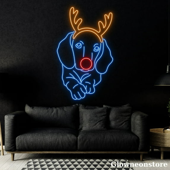 Glowneon Dachshund Dog With Reindeer Neon Sign, Dachshund Dog Led Sign, Sausage Dog Wall Décor