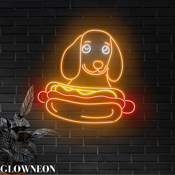 Glowneon Dachshund Hot Dog Led Light, Hot Dog Fast Food Shop Wall Art