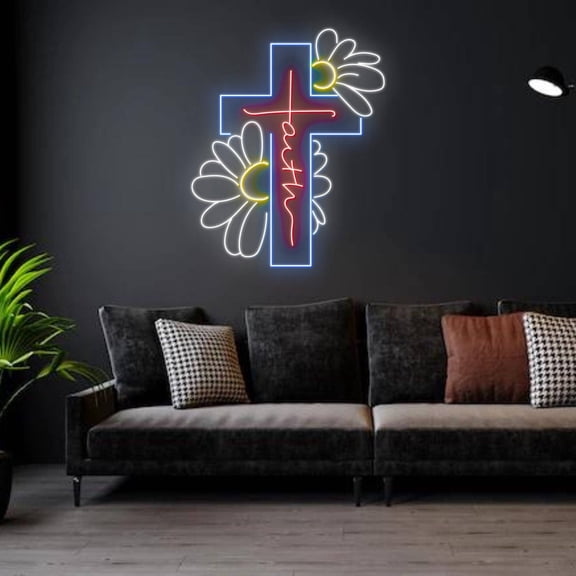 Glowneon Daisy Faith Neon Sign, Cross Jesus Led Sign