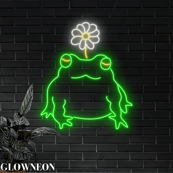 Glowneon Daisy Frog Led Sign, Daisy Flower Frog Neon Sign, Frog Decor