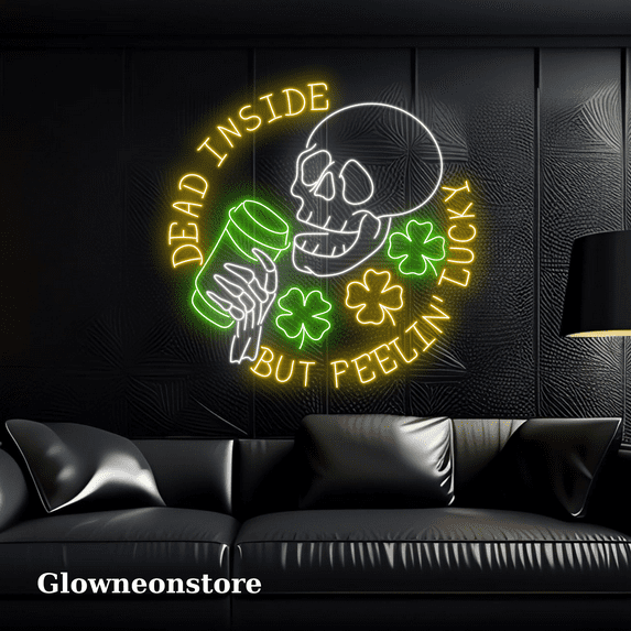 Glowneon Dead Inside But Feelin Lucky Led, Skeleton Lucky Neon Light