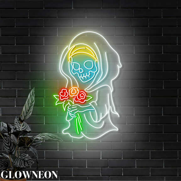 Glowneon Death With Flowers Neon Sign, Death Halloween Party Led Sign