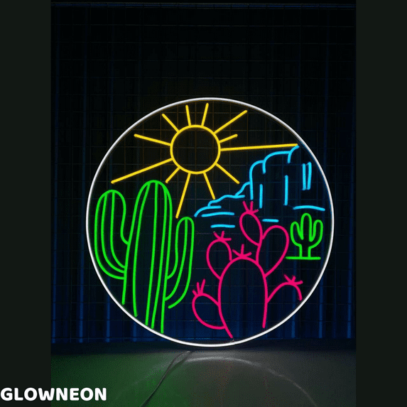 Glowneon Desert Sun Cactus Neon Sign, Western Desert Home Led Light