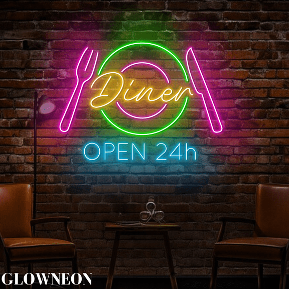 Glowneon Diner Open 24h Neon Sign, Restaurant Kitchen Open Wall Decor