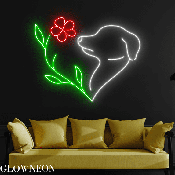 Glowneon Dog Flower Heart Neon Sign, Dog Led Sign, Dog Lover Gifts