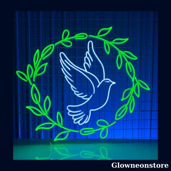 Glowneon Dove Bird Wreath Neon Sign, Pigeon Bird LED Sign, Peaceful World Gift, Pigeon Neon Light