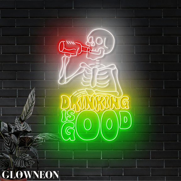Glowneon Drink Is Good Neon Sign, Skeleton Beer Home Bar Led Wall Art