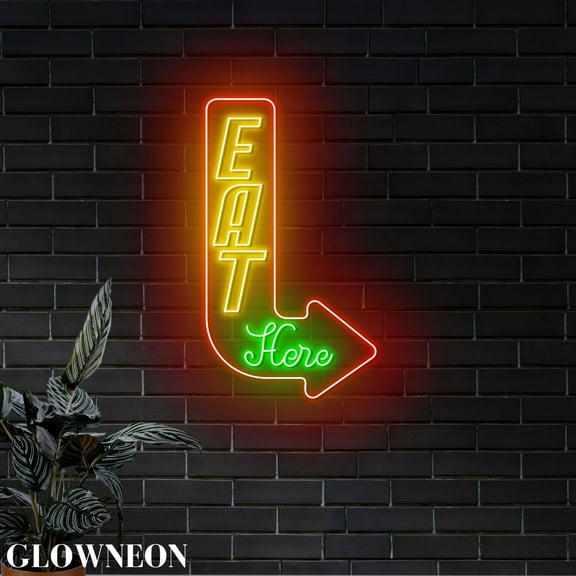 Glowneon Eat Here Arrow Neon Light Sign, Restaurant Diner Wall Decor
