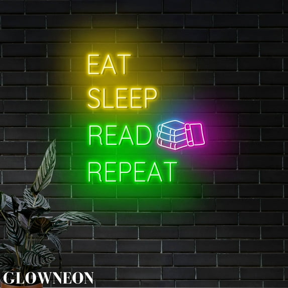 Glowneon Eat Sleep Read Repeat Neon Light Sign, Book Store Wall Decor