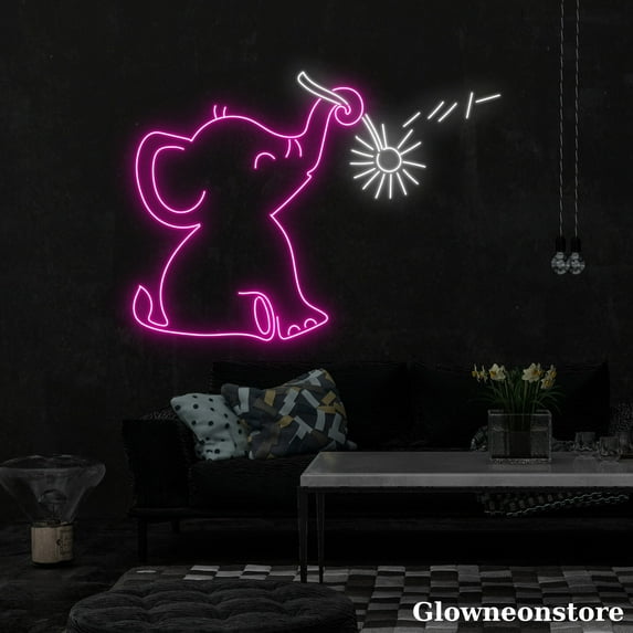 Glowneon Elephant With Dandelion Neon Sign, Elephant Led Sign, Animal Led Light, Elephant Sign