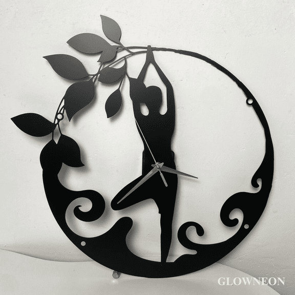 Glowneon Female Yoga Metal Wall Clock, Yoga Fitness Clock Wall Decor