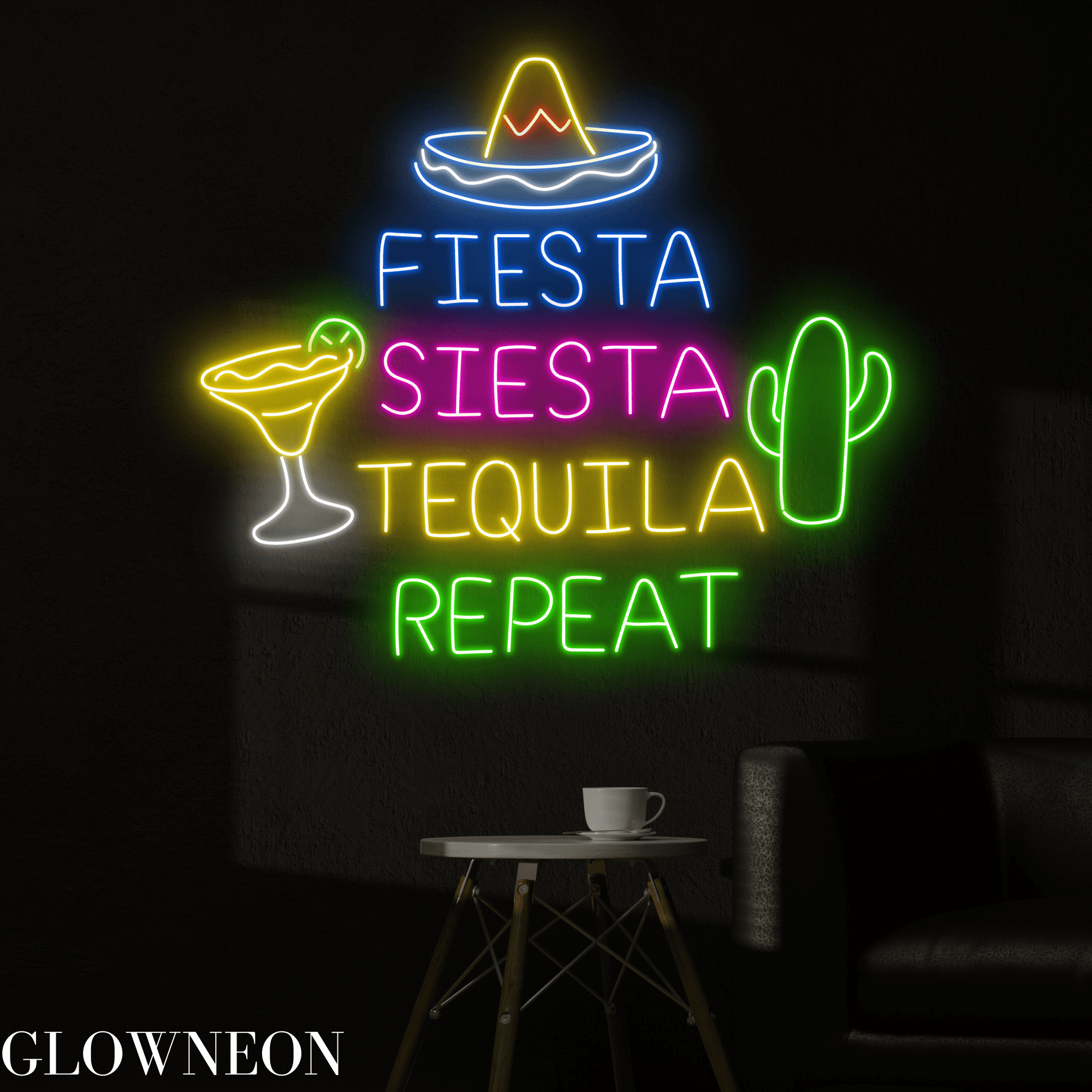 Glowneon Fiesta Siesta Tequila Repeat Neon Sign, Tequila Bar Led Sign