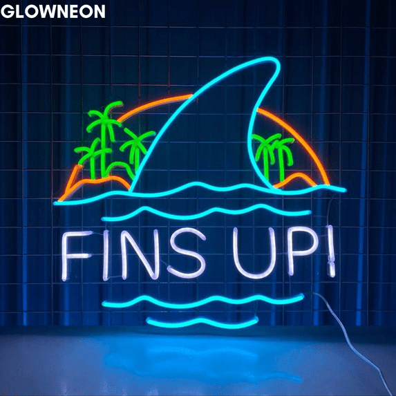 Glowneon Fins Up Neon Sign, Shark Fin Led Sign, Beach Palm Tree Decor