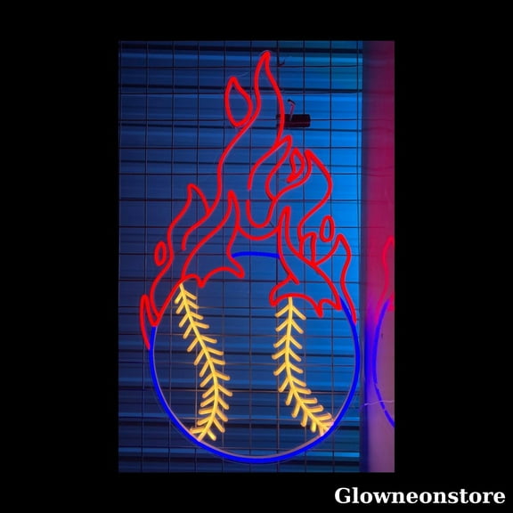 Glowneon Fire Baseball Neon Sign, Fire Baseball LED Sign, Baseball Neon LED Light