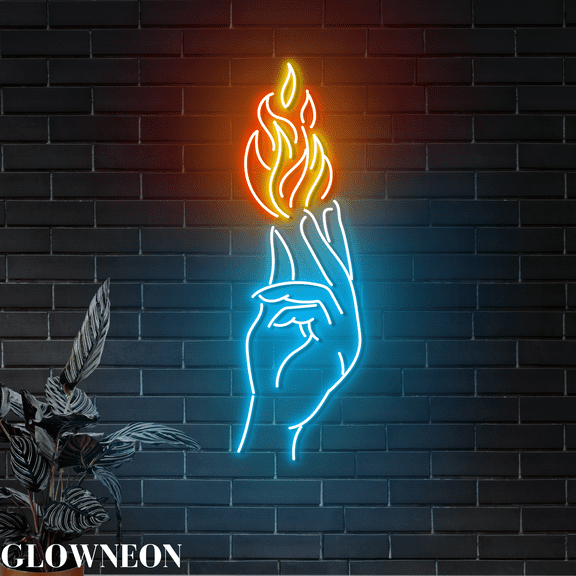 Glowneon Fire Hand Led Sign, Girl Hand Fire Neon Sign, Hand Wall Art