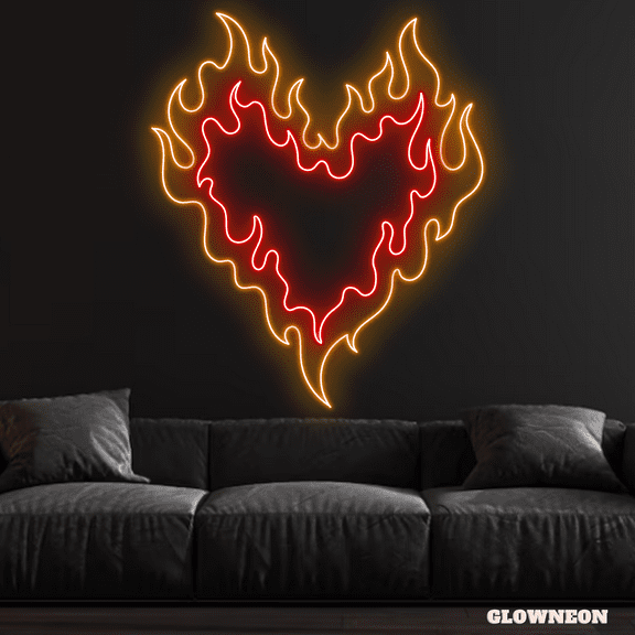 Glowneon Fire Heart Neon Sign, Heart Wall Decor, Heart LED Sign