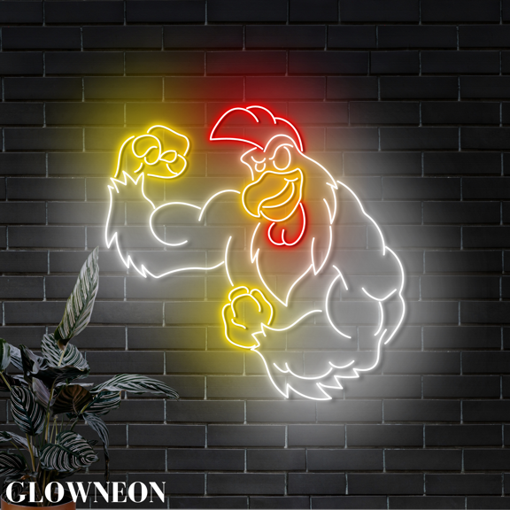 Glowneon Fitness Gym Muscle Rooster Neon Sign, Chicken Gymer Wall Art