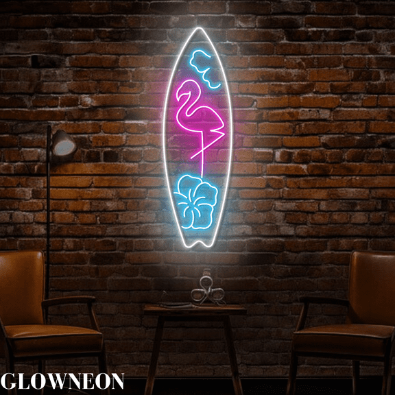 Glowneon Flamingo Surfboard Wall Art, Surfing Shop Neon Wall Decor