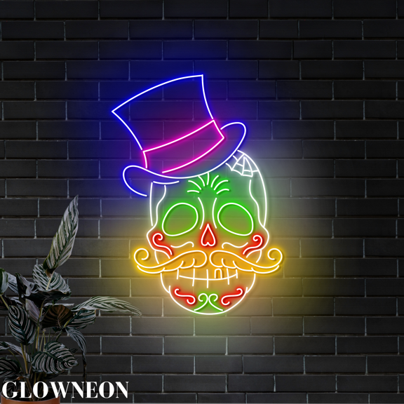 Glowneon Floral Skull Led Sign For Mexican Day Of The Dead Wall Decor