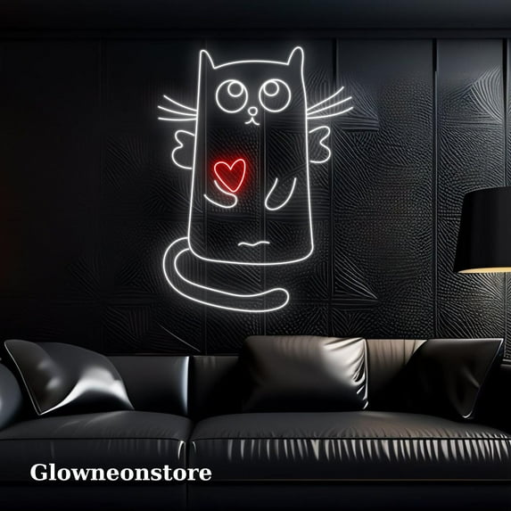 Glowneon Fly Cat Heart Neon Sign, Fly Cat Led Light, Cat Heart Neon Light, Cat Night Light